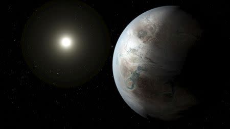 An artist's concept depicts one possible appearance of the planet Kepler-452b, the first near-Earth-size world to be found in the habitable zone of star that is similar to our sun in this NASA image released on July 23, 2015. REUTERS/NASA/Ames/JPL-Caltech/T. Pyle/Handout