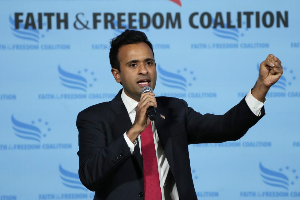 Republican presidential candidate Vivek Ramaswamy speaks during the Iowa Faith and Freedom Coalition Spring Kick-Off, Saturday, April 22, 2023, in Clive, Iowa. (AP Photo/Charlie Neibergall)