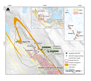 Goose Property plan map showing 2022 drilling, targeting the Umwelt Deposit.