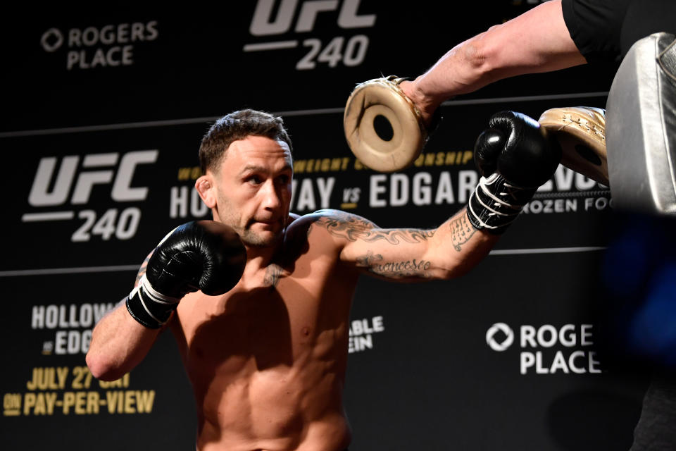 EDMONTON, AB - JULY 24:  Frankie Edgar holds an open workout session for fans and media at the Starlite Room on July 24, 2019 in Edmonton, Alberta, Canada. (Photo by Jeff Bottari/Zuffa LLC/Zuffa LLC via Getty Images)