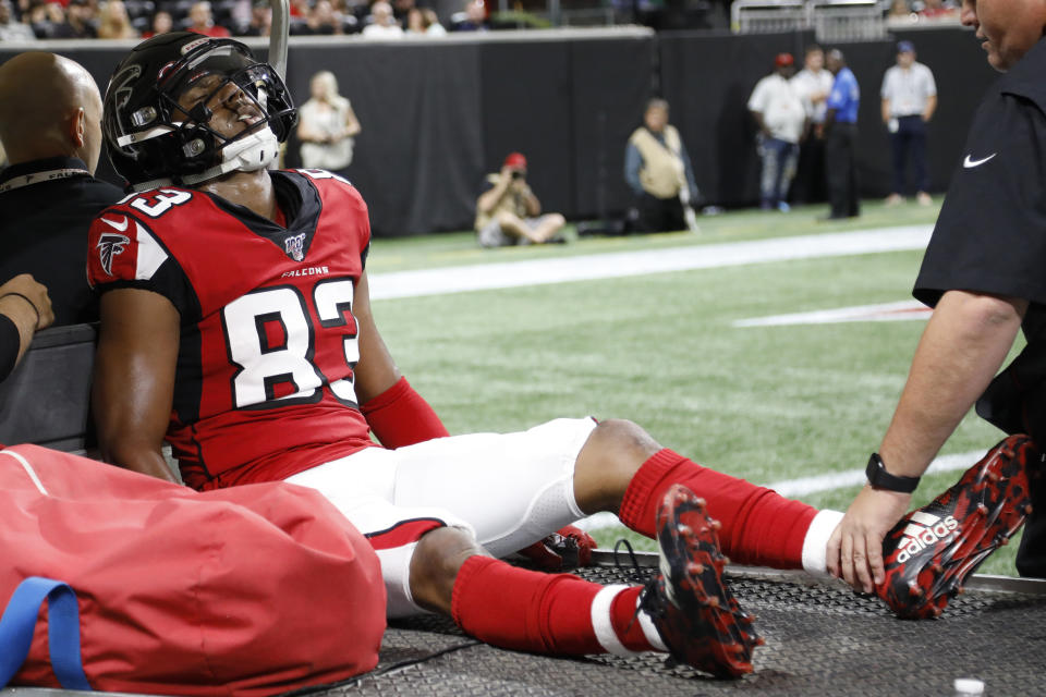 Atlanta Falcons wide receiver Russell Gage (83) is taken off the field after injury against the New York Jets during the first half an NFL preseason football game, Thursday, Aug. 15, 2019, in Atlanta. (AP Photo/Andrea Smith)