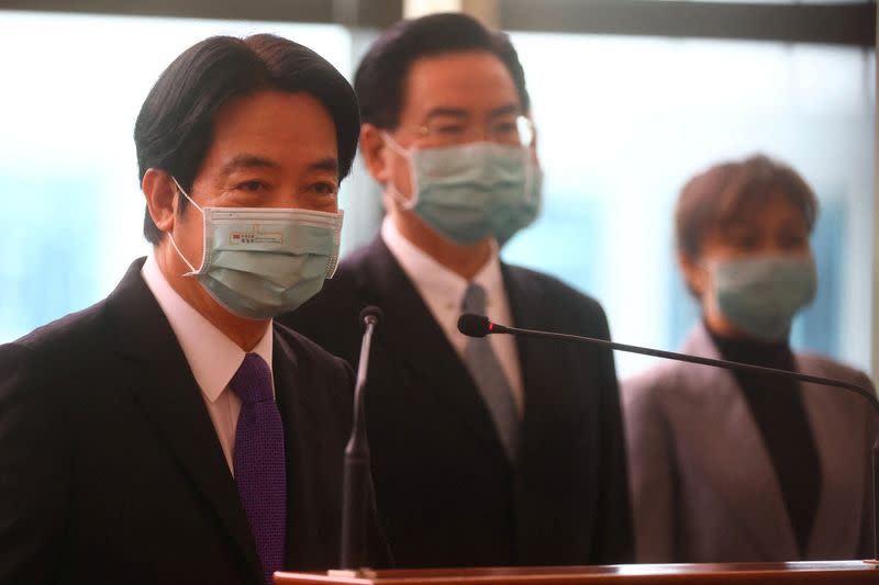 Taiwan Vice President William Lai speaks to the media at Taiwan Taoyuan International Airport, before leaving for Honduras to attend the inauguration ceremony of the new president, in Taoyuan