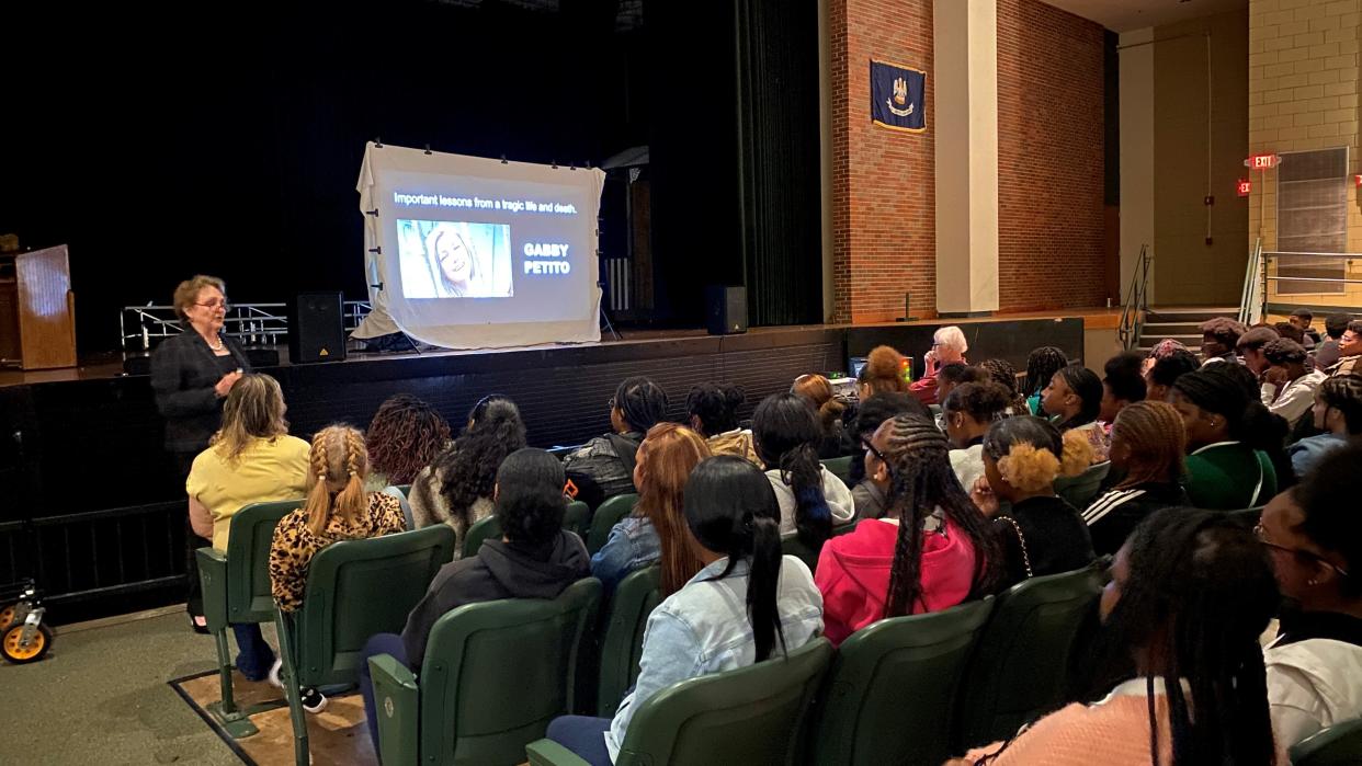 Carolyn Hoyt, the founder and executive director of NextStep of Central Louisiana, talks to Peabody Magnet High School students about teen dating violence.