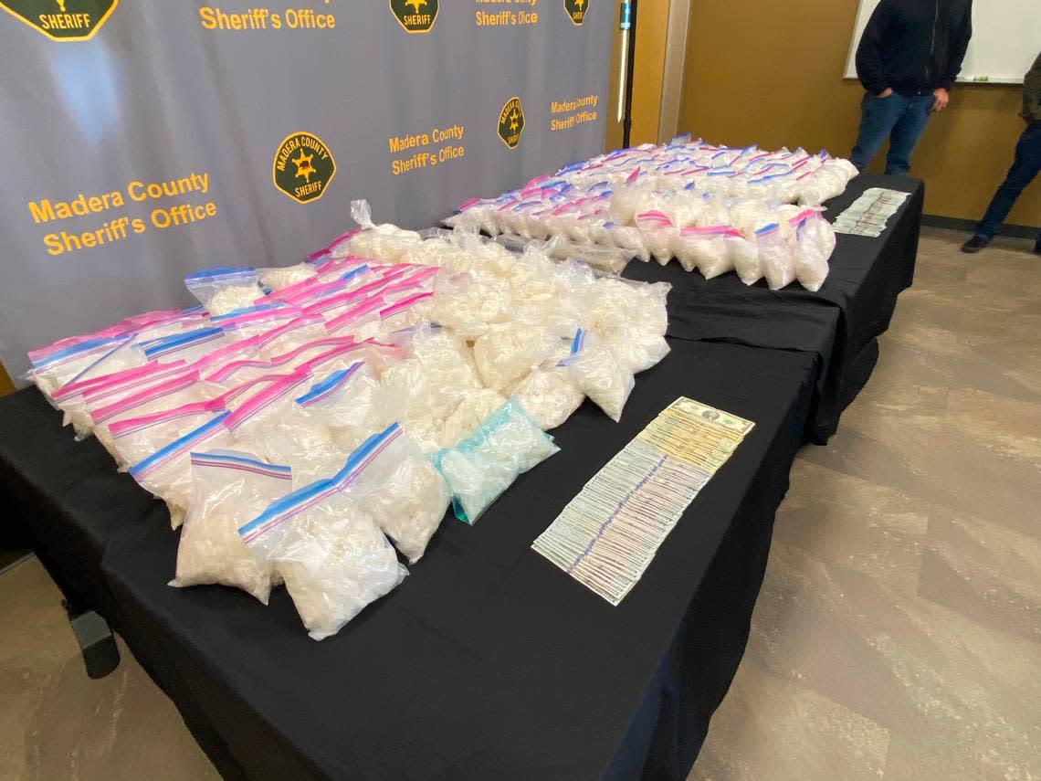 About 1,300 pounds of methamphetamine, four pounds of heroin and two pounds of fentanyl were part of a record-breaking drug seizure in Madera County, officials said Wednesday, Nov. 2, 2022.
