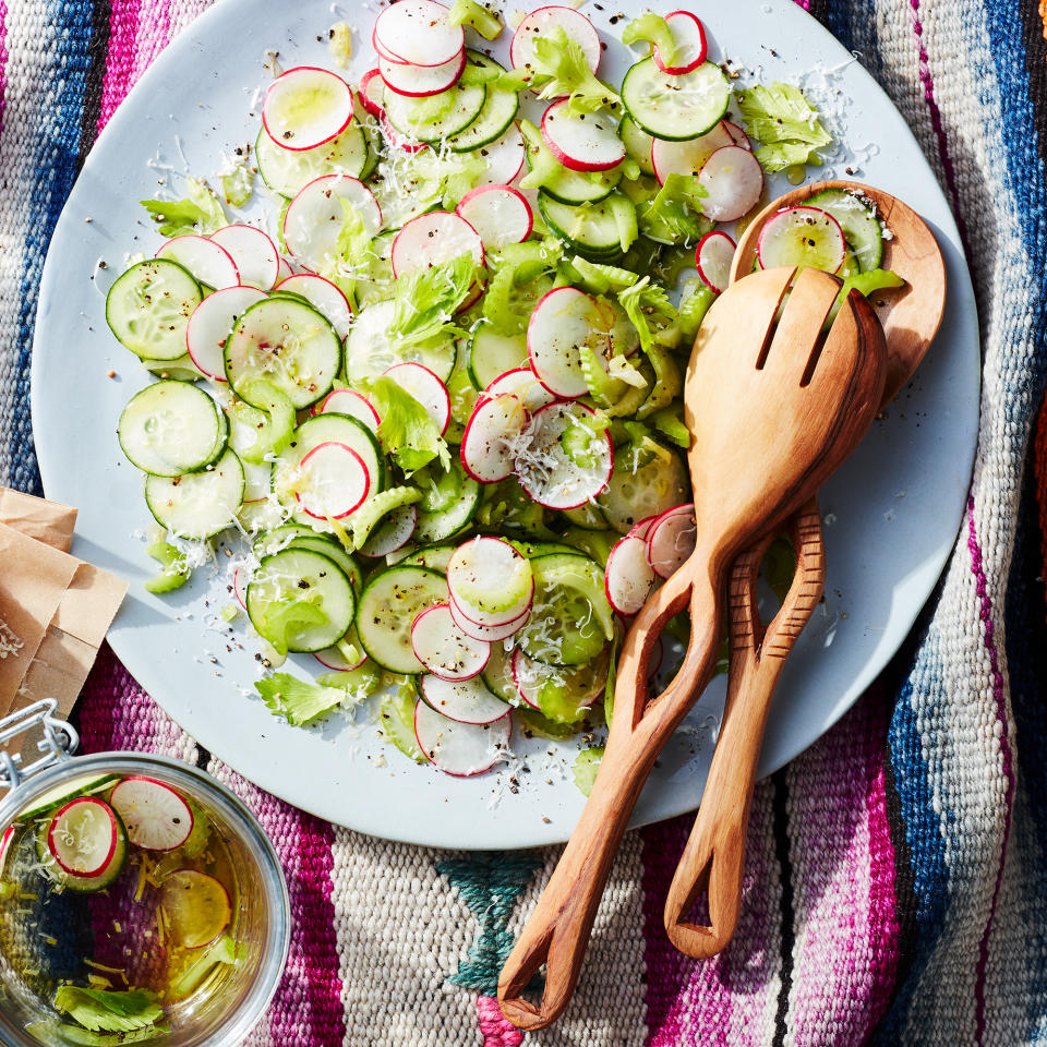 <p>It's worth using that special bottle of olive oil and seeking out Parmigiano-Reggiano, which is bolder than basic Parm, for this simple salad. Use a mandoline to shave the veggies if you have one. <a href="https://www.eatingwell.com/recipe/7902268/radish-celery-cucumber-salad/" rel="nofollow noopener" target="_blank" data-ylk="slk:View Recipe;elm:context_link;itc:0;sec:content-canvas" class="link ">View Recipe</a></p>