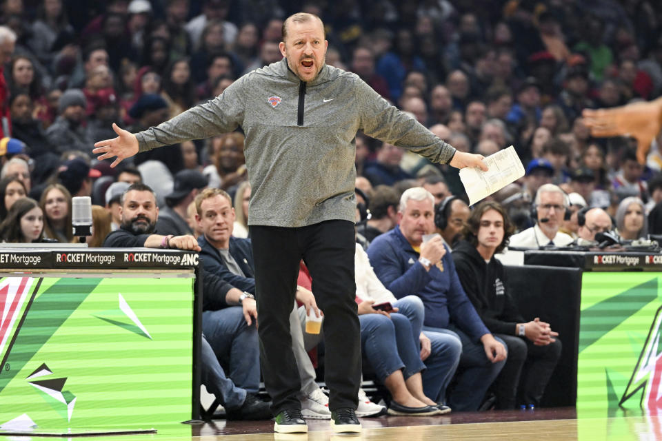 New York Knicks head coach Tom Thibodeau reacts to a call during the first half of an NBA basketball game against the Cleveland Cavaliers, Sunday, Oct. 30, 2022, in Cleveland. (AP Photo/Nick Cammett)