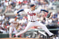Atlanta Braves relief pitcher Collin McHugh (32) throws during the seventh inning of a baseball game against the San Diego Padres, Sunday, May 15, 2022, in Atlanta. (AP Photo/Hakim Wright Sr)