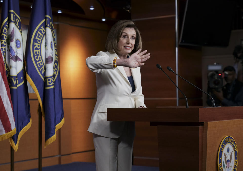 Speaker of the House Nancy Pelosi, D-Calif., responds forcefully to a question from a reporter who asked if she hated President Trump, after announcing earlier that the House is moving forward to draft articles of impeachment against Trump, at the Capitol in Washington, Thursday, Dec. 5, 2019. (AP Photo/J. Scott Applewhite)