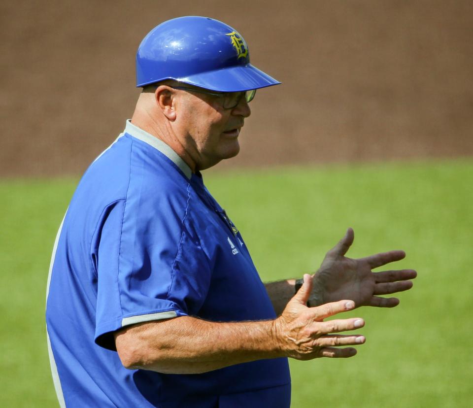 Delaware head coach Jim Sherman questions a call after the Hens ended the Northeastern half of the fourth inning in the Blue Hens' 8-1 loss to open a weekend series at Hannah Stadium, Friday, May 14, 2021.