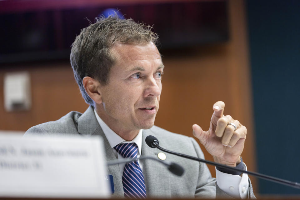 State Sen. Greg Dolezal, R-Cumming, speaks during a state Senate Ethics Committee hearing on election security at the Paul D. Coverdell Legislative Office Building in Atlanta, Wednesday, Nov. 1, 2023.. (Arvin Temkar/Atlanta Journal-Constitution via AP)