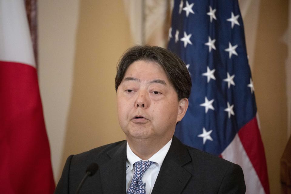 Japanese Foreign Minister Hayashi Yoshimasa speaks during a news conference at the State Department, Wednesday, Jan. 11, 2023, in Washington. (AP Photo/Alex Brandon)