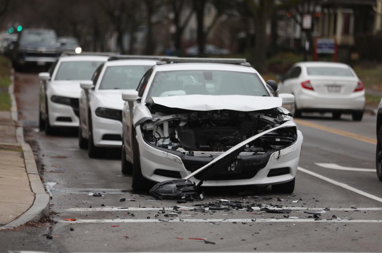 A Rochester police car heading north on South Goodman Street struck the vehicle in front of it that was stopped at Park Avenue for the red light. The collision on Dec. 4, 2023. caused no injuries, and is near the site where another Rochester police car crashed into a row of parked cars, including Dina Noto's.