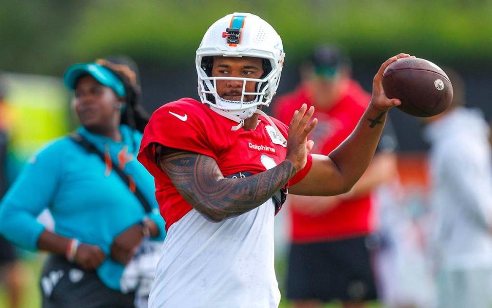 Miami Dolphins quarterback Tua Tagovailoa (1) sets up to pass during a joint practice with the Atlanta Falcons at Baptist Health Training Complex in Hard Rock Stadium on Wednesday, August 9, 2023 in Miami Gardens, Florida.