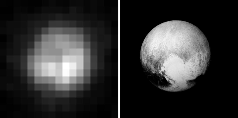 The highest-resolution view of Pluto from Earth, taken by the Hubble Space Telescope in 1994, compared to an image taken by New Horizons just before its July 2015 flyby. <cite>NASA/ESA/A. Stern and M. Buie (left image); NASA/JHUAPL/SWRI (right image)</cite>