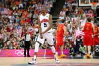 LONDON, ENGLAND - AUGUST 12: Kevin Durant #5 of the United States celebrates a shot during the Men's Basketball gold medal game between the United States and Spain on Day 16 of the London 2012 Olympics Games at North Greenwich Arena on August 12, 2012 in London, England. (Photo by Christian Petersen/Getty Images)