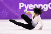 <p>Junhwan Cha of Korea falls while competing during the Men’s Single Free Program on day eight of the PyeongChang 2018 Winter Olympic Games at Gangneung Ice Arena on February 17, 2018 in Gangneung, South Korea. (Photo by Harry How/Getty Images) </p>