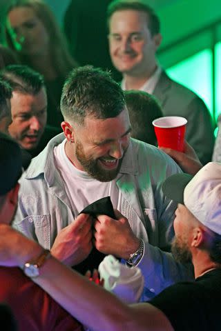 <p>Sarah Anne Cohen/Getty</p> Travis Kelce attends Sports Illustrated Revel at the Races in Louisville, Kentucky, on May 3, 2024