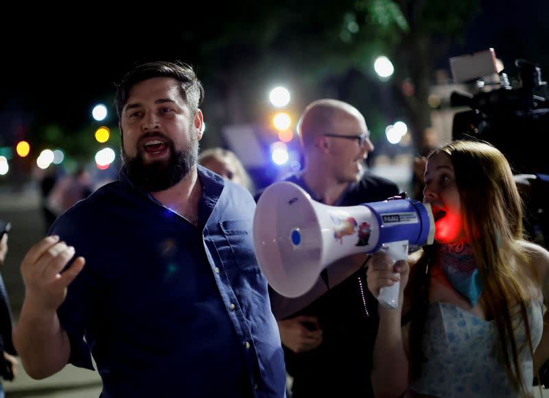 Protestors react outside the U.S. Supreme Court after the leak of a draft opinion preparing for a majority of the court to overturn the Roe v. Wade abortion rights decision in Washington