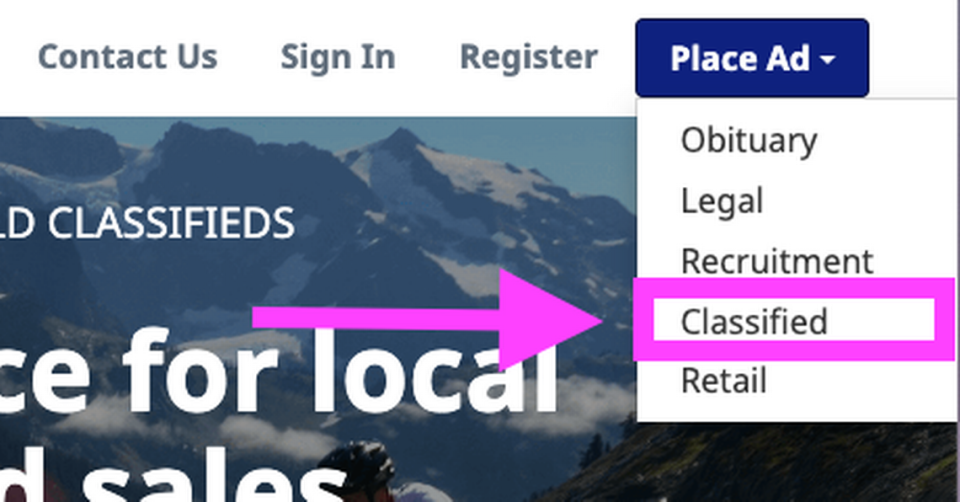 Click the “Place Ad” button in the top right hand corner and select “Classified” from the pop-up menu