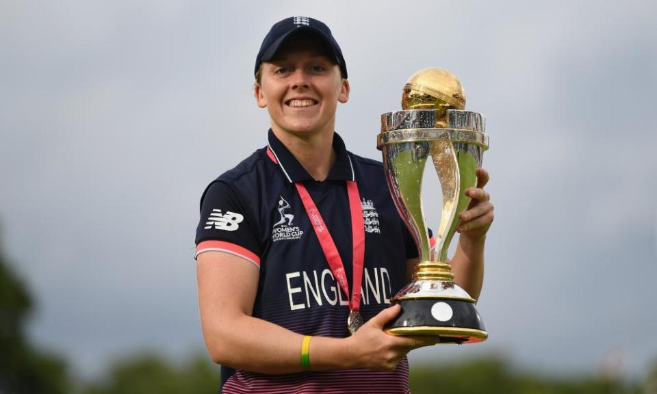 Heather Knight, England captain, poses with the trophy after the ICC Women’s World Cup 2017 final.