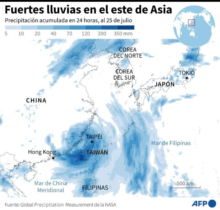 Mapa del este de Asia mostrando las precipitaciones acumuladas durante 24 horas, al 25 de julio de 2024 (Staff)