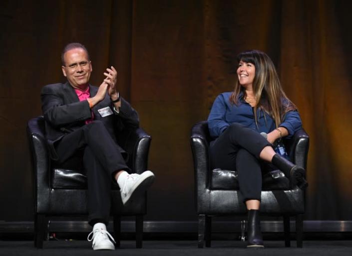LAS VEGAS, NEVADA - AUGUST 26: (L-R) CEO &amp; President of Marcus Theatres Rolando Rodriguez and Patty Jenkins speak onstage at CinemaCon 2021 An Industry Think Tank: The Big Screen is Back at Caesars Palace during CinemaCon, the official convention of the National Association of Theatre Owners, on August 26, 2021, in Las Vegas, Nevada. (Photo by David Becker/Getty Images for CinemaCon)