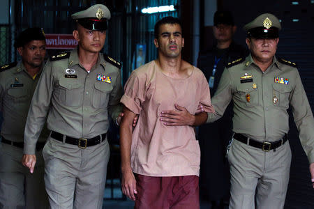 Jailed Bahraini footballer Hakeem Al Araibi leaves Thailand's Criminal Court, in Bangkok, Thailand February 4, 2019. REUTERS/Athit Perawongmetha