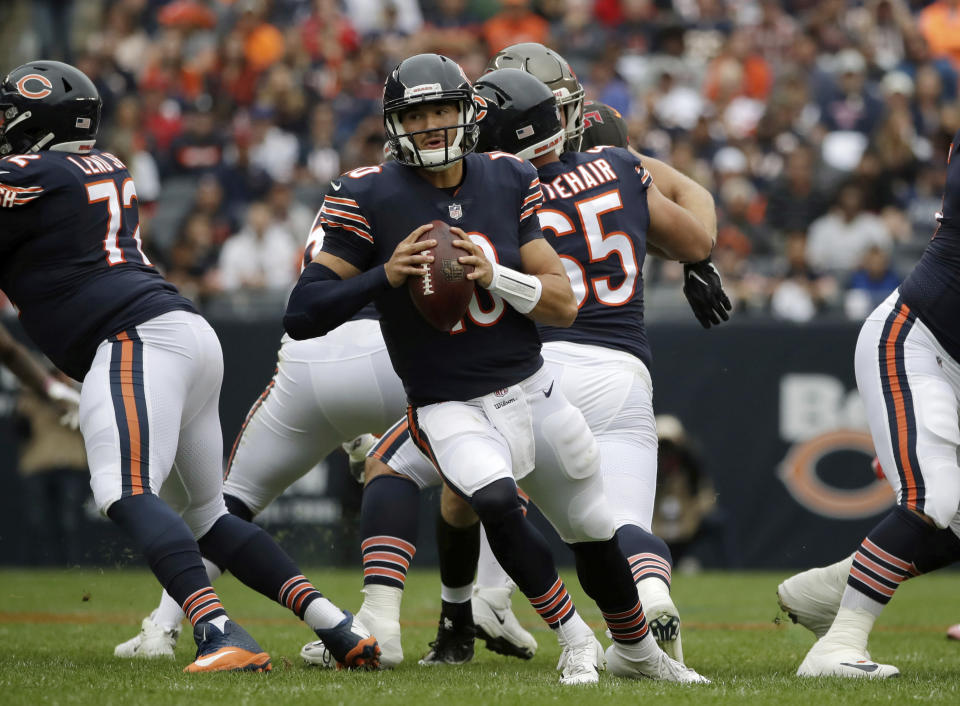 Chicago Bears quarterback Mitchell Trubisky (10) scrambles during the first half of an NFL football game against the Tampa Bay Buccaneers Sunday, Sept. 30, 2018, in Chicago. (AP Photo/Nam Y. Huh)