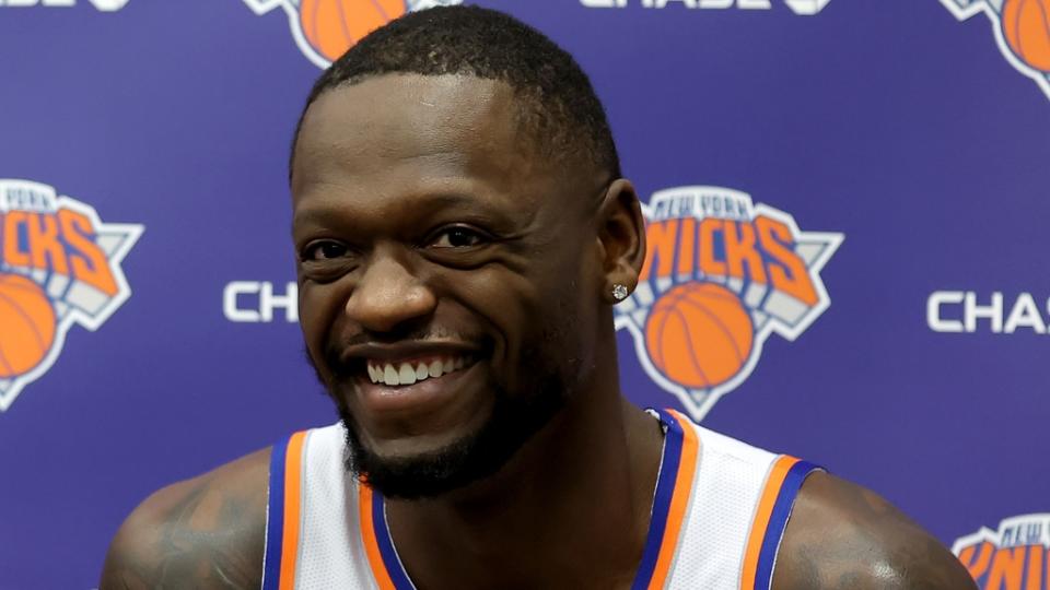 Oct 2, 2023; Tarrytown, NY, USA; New York Knicks forward Julius Randle (30) speaks to the media during a media day press conference at the MSG Training Center. Mandatory Credit: Brad Penner-USA TODAY Sports