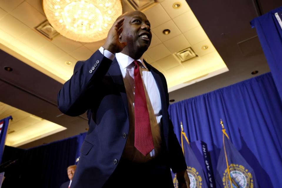 Sen. Tim Scott, R-S.C., greets a crowd during a Jan. 19 campaign rally with former President Donald Trump, a GOP presidential candidate, in Concord, New Hampshire. (Photo by Chip Somodevilla/Getty Images)