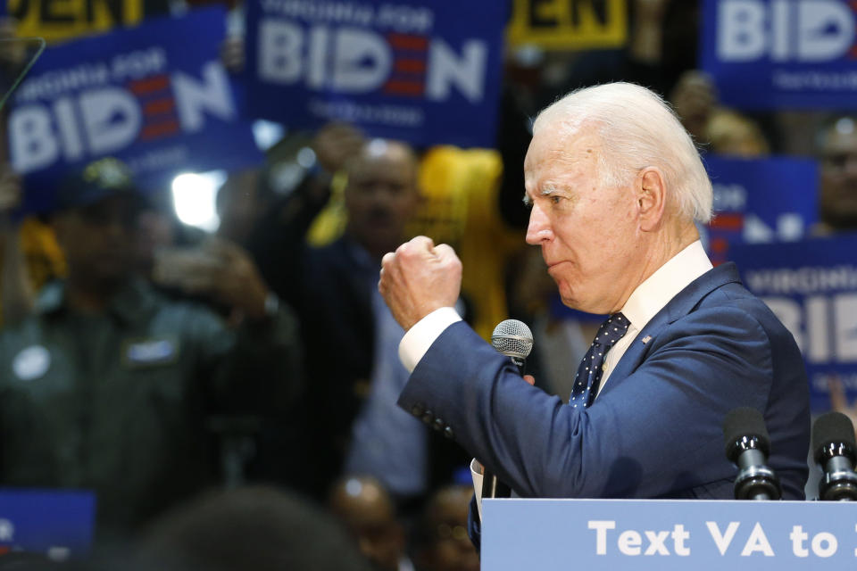 Democratic presidential candidate former Vice President Joe Biden, gestures during a campaign rally Sunday, March 1, 2020, in Norfolk, Va. (AP Photo/Steve Helber)