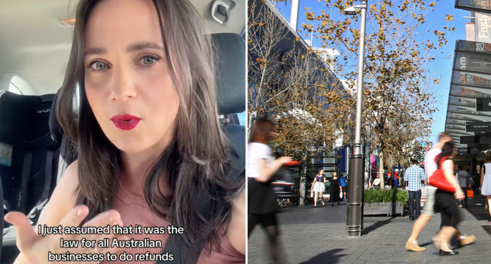 Left: The woman in a video complaining about getting no refund. Right: A shopping mall. Source: TikTok/Getty