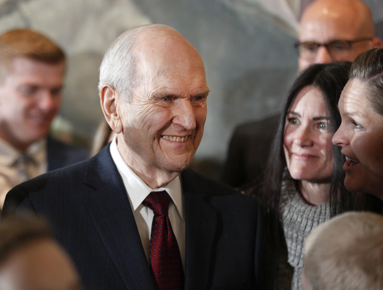 Russell M. Nelson, 93, the new president of the Church of Jesus Christ of Latter-Day Saints, greets family members after a press conference on Tuesday in Salt Lake City. (Photo: George Frey via Getty Images)