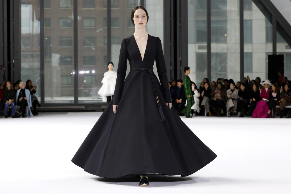 The Carolina Herrera collection is modeled during Fashion Week in New York, Monday, Feb. 10, 2020. (AP Photo/Richard Drew)