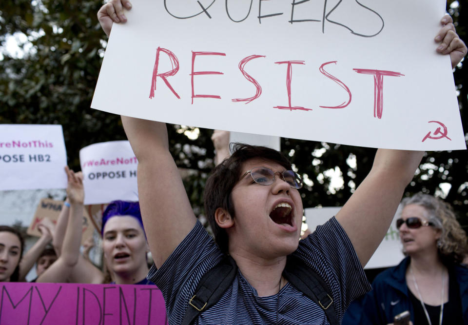 Anti-HB2 protester shouts