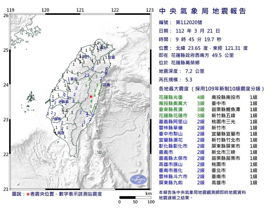 今（21）日09:45中部地區發生有感地震，規模5.3。（圖／氣象局）