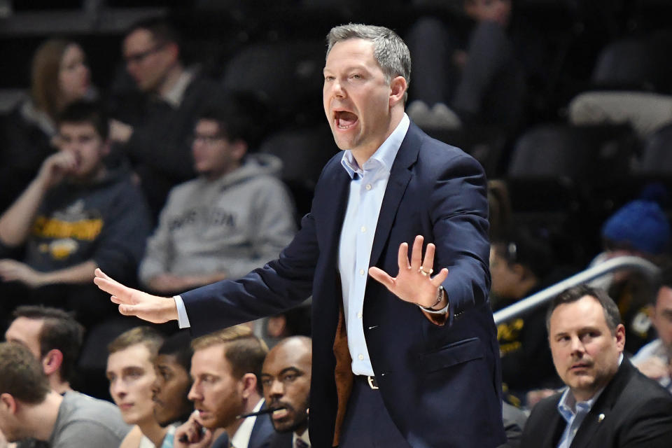 CATONSVILLE, MD - FEBRUARY 21:  Head coach Ryan Odom of the UMBC Retrievers reacts to a call during a college basketball game against the Vermont Catamounts at the Event Center on February 21, 2019 in Catsonsville, Maryland.  (Photo by Mitchell Layton/Getty Images)