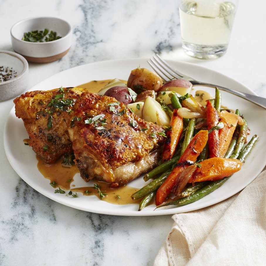 Crispy Chicken Thighs with White Wine-Butter Sauce and Vegetables