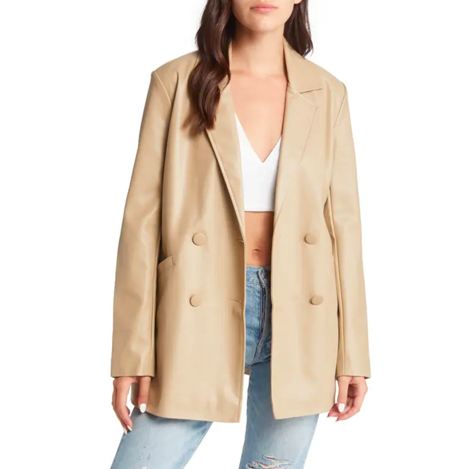 <p><strong>Topshop</strong></p><p>nordstrom.com</p><p><strong>$61.20</strong></p><p><a href="https://go.redirectingat.com?id=74968X1596630&url=https%3A%2F%2Fwww.nordstrom.com%2Fs%2F7047876&sref=https%3A%2F%2Fwww.cosmopolitan.com%2Fstyle-beauty%2Ffashion%2Fg41428232%2Fnordstrom-black-friday-cyber-monday-deals-2022%2F" rel="nofollow noopener" target="_blank" data-ylk="slk:Shop Now;elm:context_link;itc:0;sec:content-canvas" class="link ">Shop Now</a></p><p> Switch up your cold weather layering routine with this faux leather blazer—it’s totally unexpected but adds the same polished look as your favorite black one.<br></p>