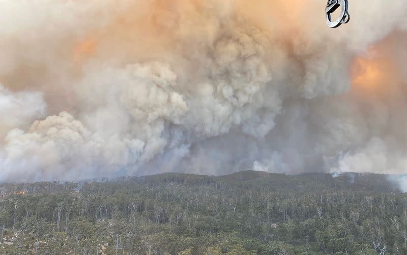 Smoke rises as the Big Jack Mountain fire spreads in Bega Valley, New South Wales