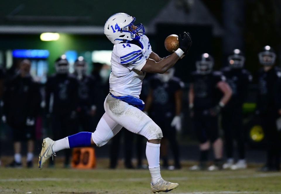 Williamsport's Corry Nelson hauls in a pass for a 95yd touchdown in the fourth quarter during Friday night's game at Patuxent High School.