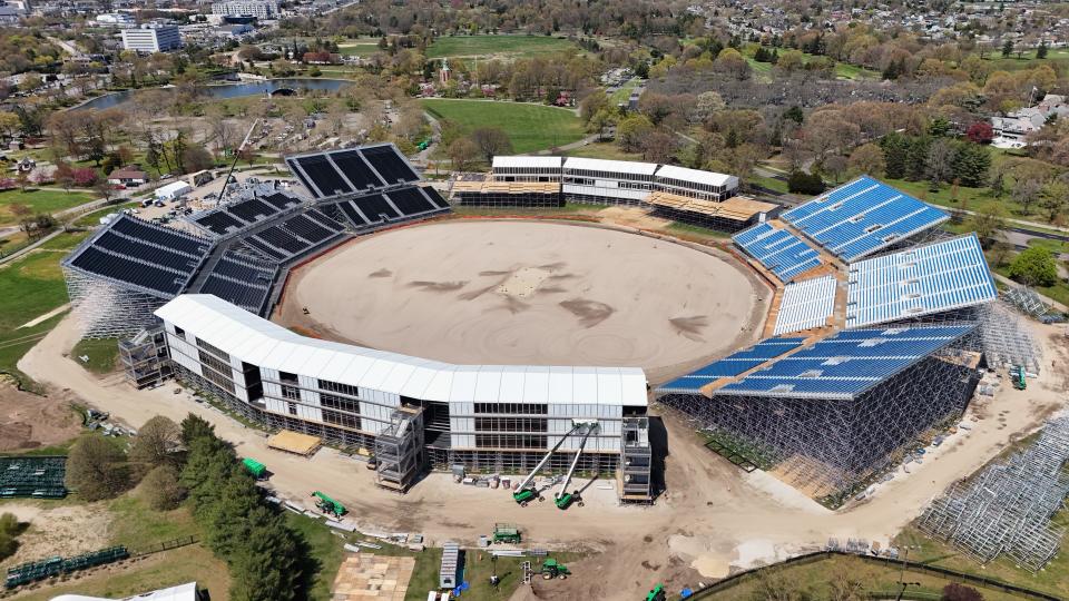 In an aerial view, construction continues on the Nassau County International Cricket Stadium at Eisenhower Park on April 22, 2024 in East Meadow, New York. The site will be the host to the ICC World Cup 2024 in June of this year.