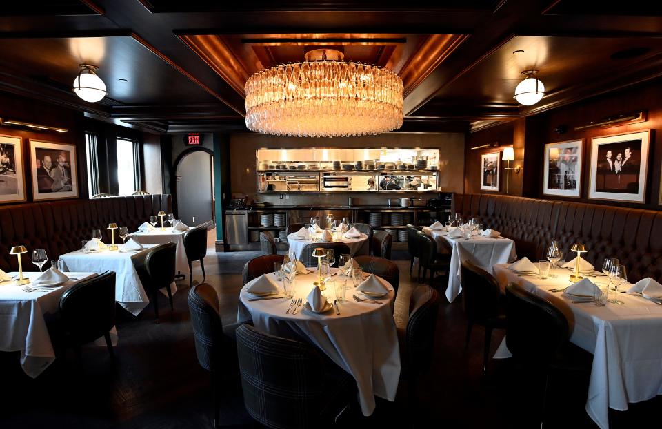 The Sinatra Bar & Lounge dinning area, offers a Manhattan meets Palm Springs ambiance to Nashville’s historic Printers Alley located in the historic Southern Turf building Tuesday, April 11, 2023, in Nashville, Tenn. 