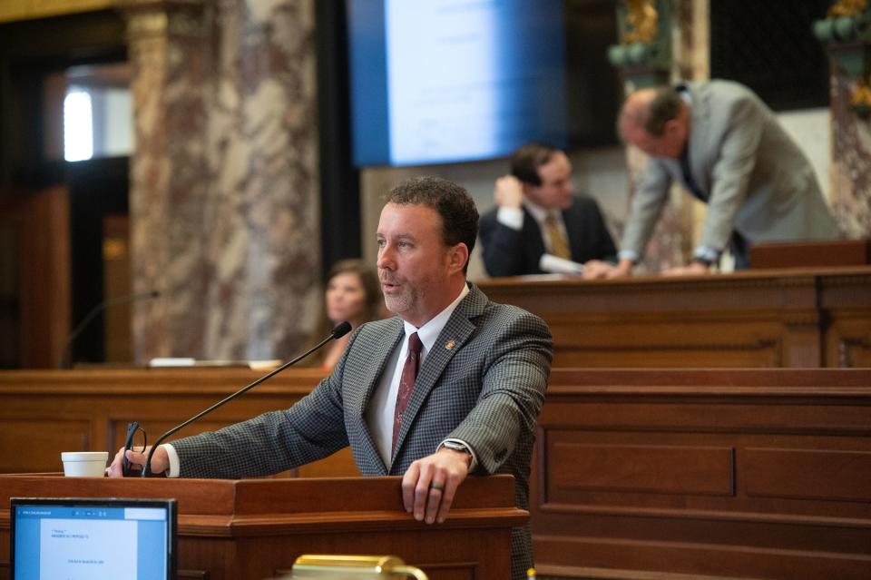 Sen. David Parker, R-Olive Branch, addresses Senate members regarding a bill he authored to set up a nonprofit regional governing board for the Jackson water system at the Capitol in Jackson on Tuesday. The bill was passed in the Senate.