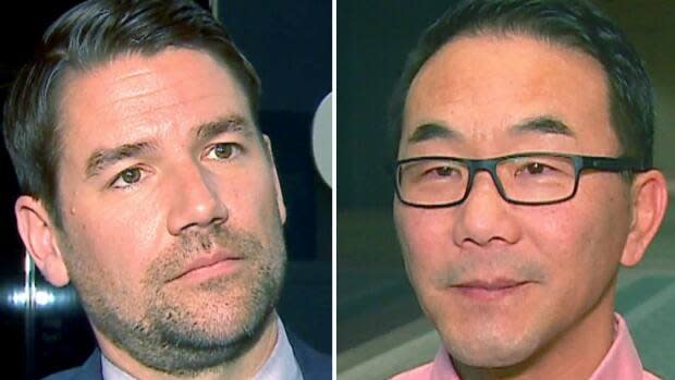 Coun. Evan Woolley, left, apologized to Coun. Sean Chu on Monday after an integrity commissioner investigation.  (Justin Pennell/CBC, Terri Trembath/CBC - image credit)