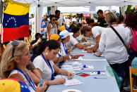 <p>Venezuelan residents in Madrid register themselves at a polling station to vote during a symbolic plebiscite on president Maduro’s project of a future constituent assembly, called by the Venezuelan opposition and held at the Plaza Colon in Madrid on July 16, 2017. (Gerard Julien/AFP/Getty Images) </p>