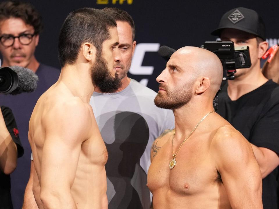 Makhachev and Volkanovski facing off ahead of their first fight (Zuffa LLC via Getty Images)