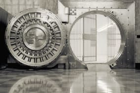 Bank vault with open door & grill (B&W)