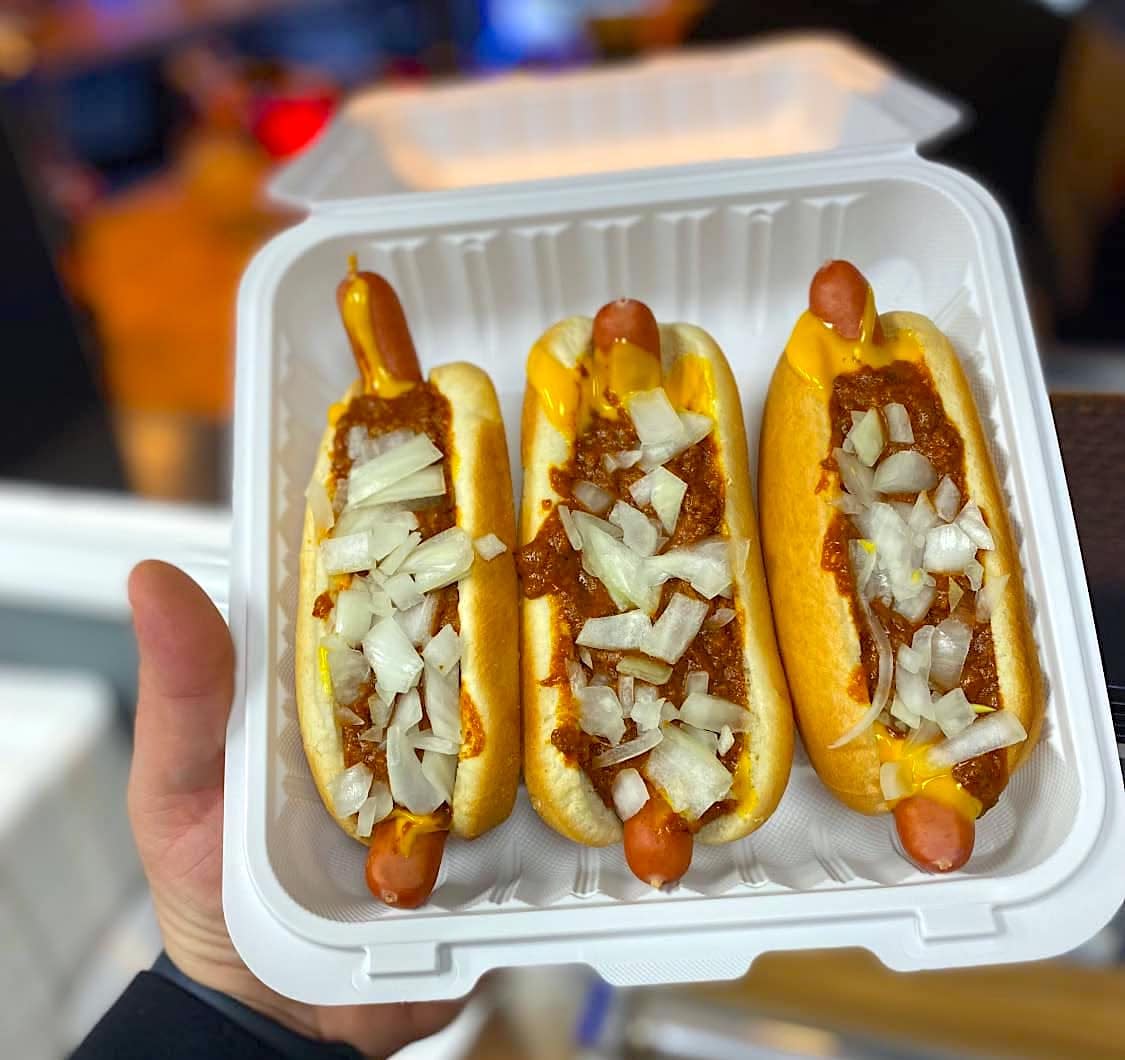 Three chili dogs at Boulevard Dogs.