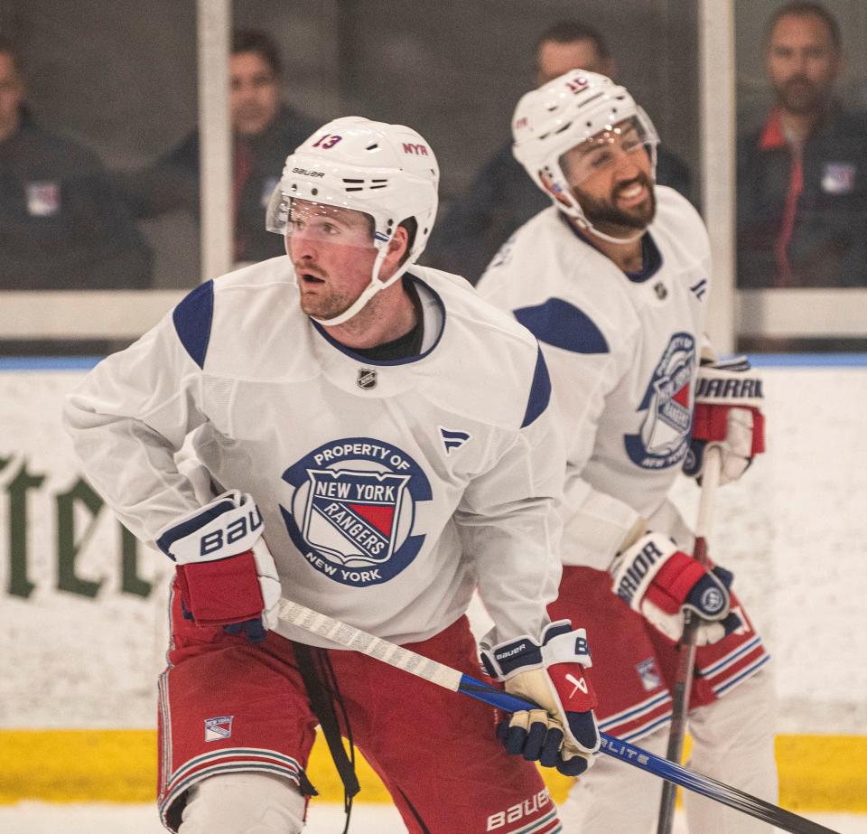 Alexis LafreniŽre and Vincent Trocheck skate during the first day of the New York Rangers training camp at their practice facility in Greenburgh, N.Y. Sept. 19, 2024.